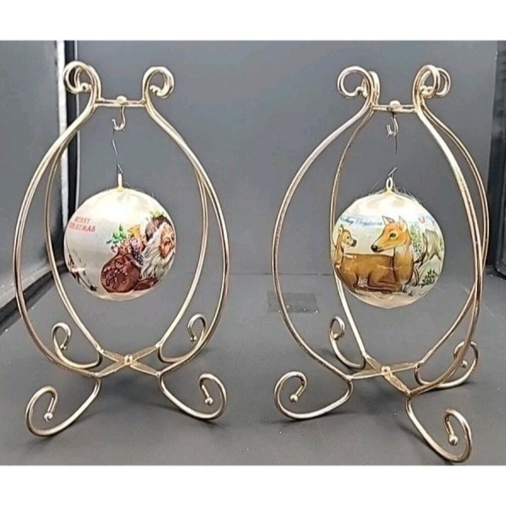 Set‎ Of 2 VTG Satin Christmas Ornaments Santa & Snow Scene W/ Deer Family Prayer